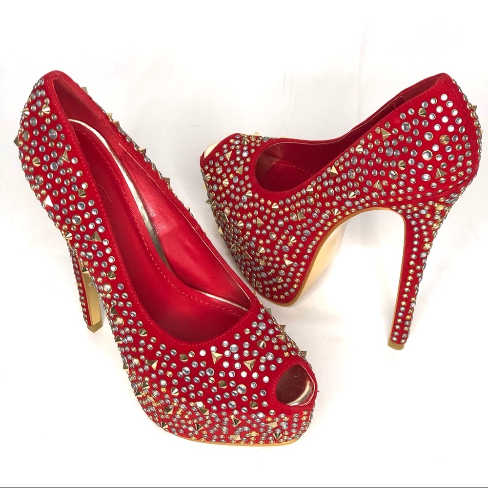 Elegant Red Heels with Rhinestone Embellishments